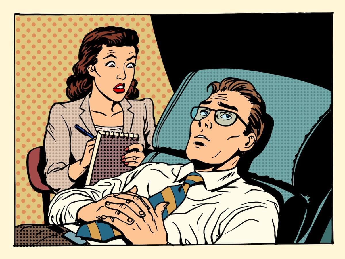 pop art of female therapist with white male sitting on proverbial couch and a worried look on his face as he looks upwards