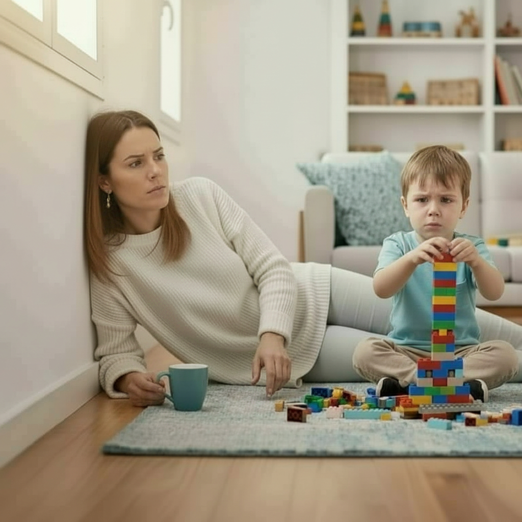 exhausted and worried mom watching her toddler about to cry