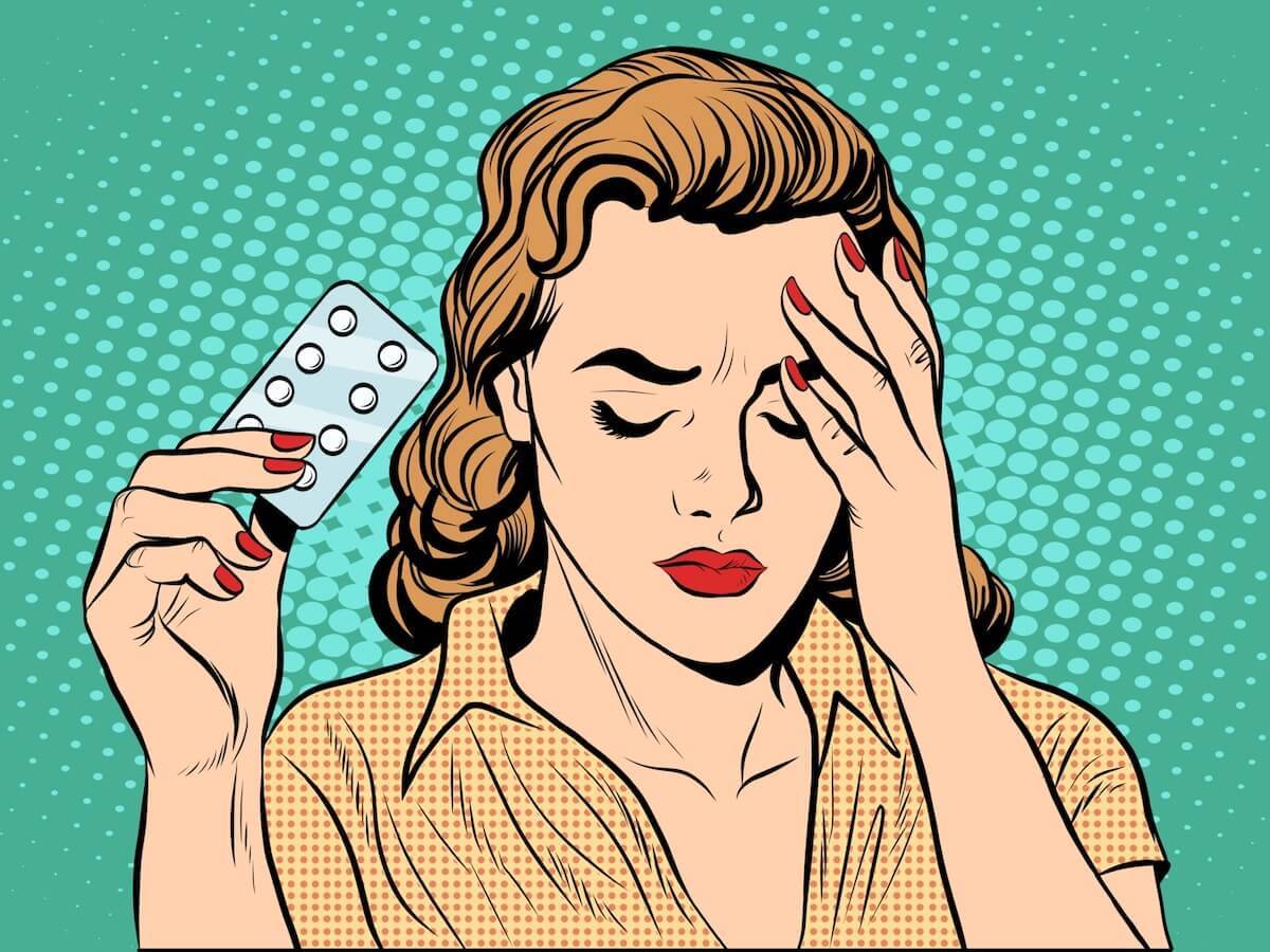 pop art young white female woman holding a pill packet with a worried look on her face with her eyes closed and her hand to her forehead