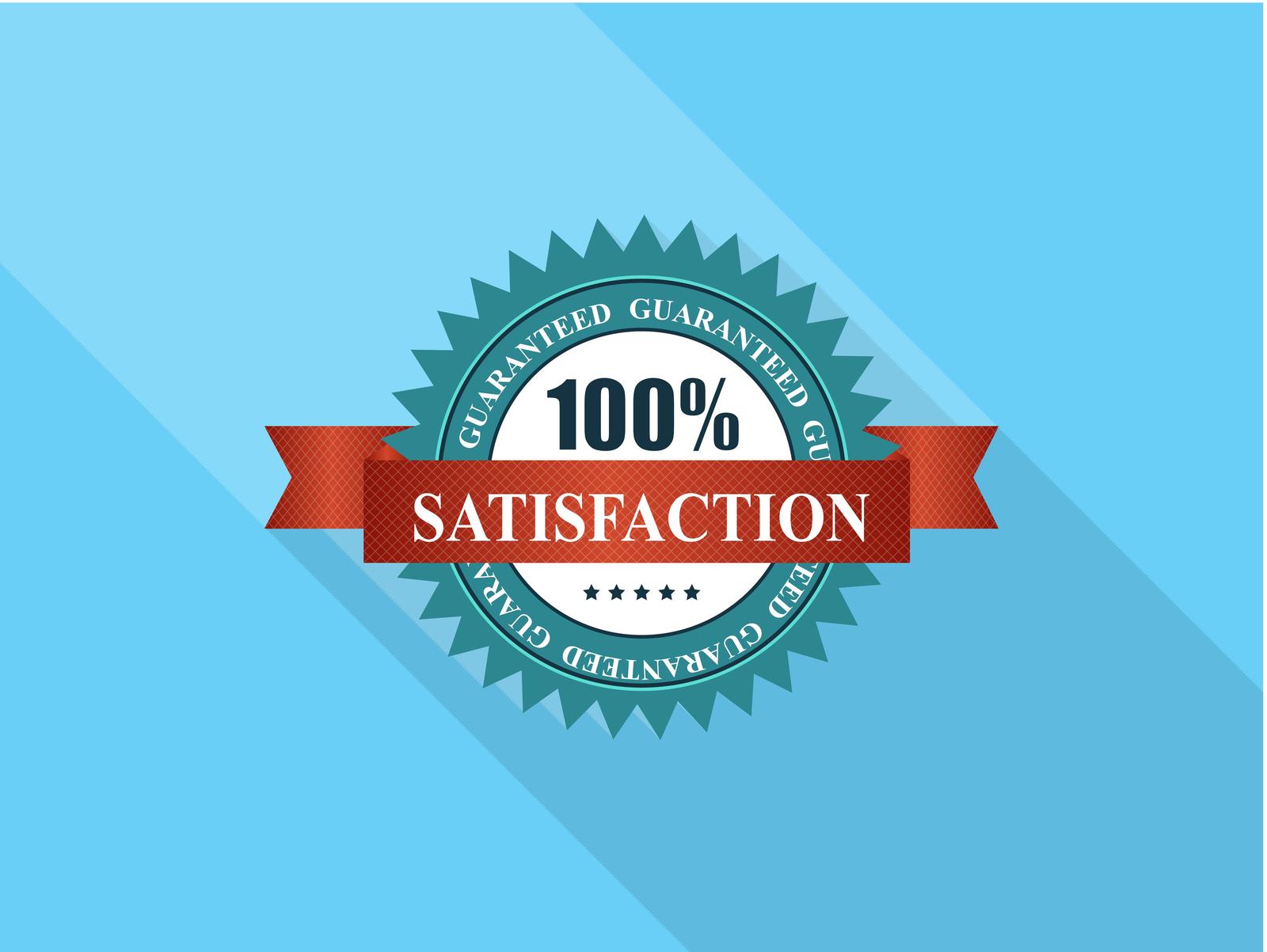 illustrated icon of a badge with the words guaranteed satisfaction with an overlay of 100 percent showing you can get your money back if you're not satisfied
