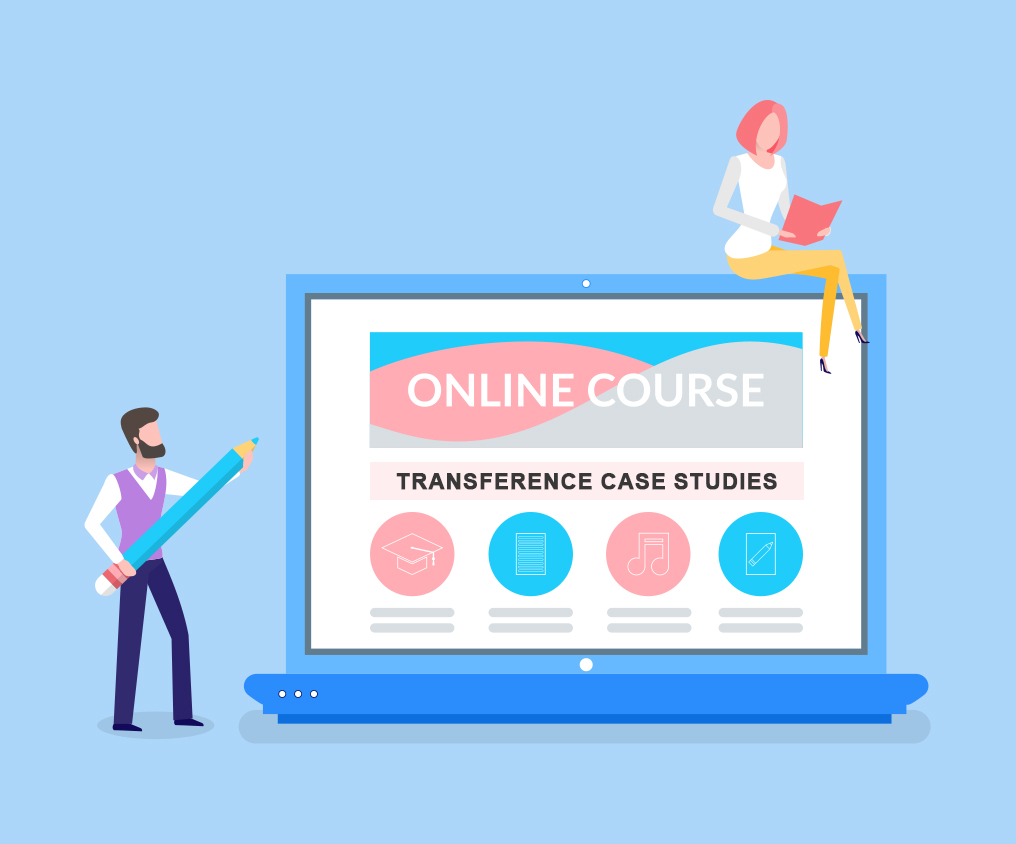 illustration of two characters working on a free online course about transference with one female sitting on a huge laptop and the male holding a pencil as if writing on it