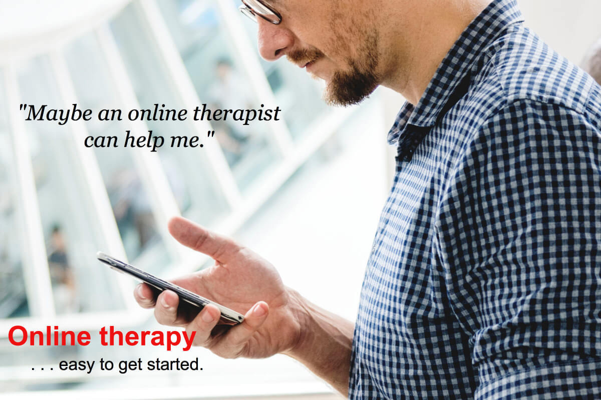 Man considering online therapy for authority issues.