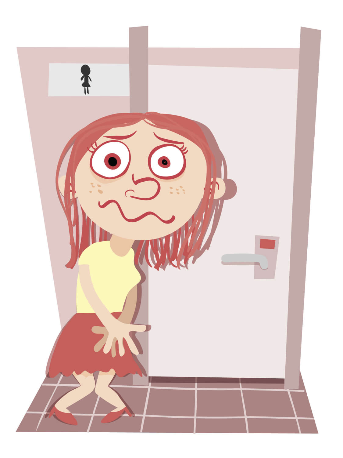 cartoon female distressed outside bathroom door illustrating how issues like worried your therapist will leave you or abandonment can affect you