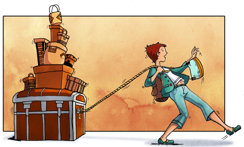 illustration of woman being suddenly dragged down pulling trunks that represent her emotional baggage and losing control