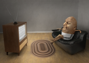 graphic of a faced potato wearing underwear sitting in front of a tv with the remote in hand