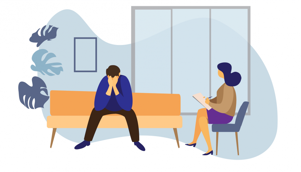 illustration of a male on a couch hands in face troubled and seeking ways to talk about his transference with his therapist who sits nearby