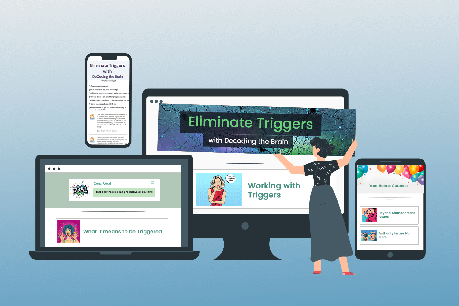 illustration of different devices showing the program for eliminating triggers and a female character moving things around