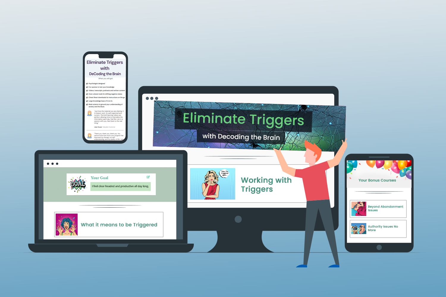 eliminate triggers with decoding the brain product image showing a male moving devices about that are illustrating different aspects of the program