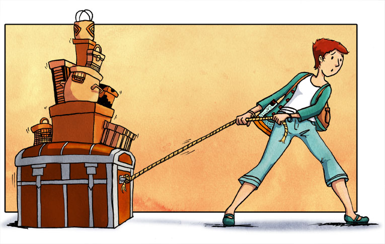 artistic illustration of a young woman with a knapsack pulling on a pile of trunks representing difficulty in letting go of emotional baggage from your past