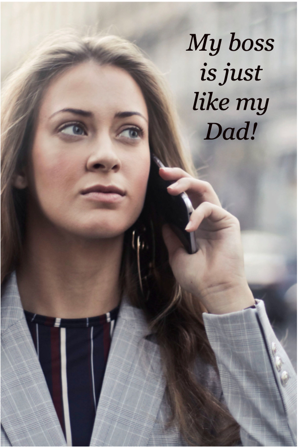 white adult business woman talking on phone saying 'my boss is just like my dad'