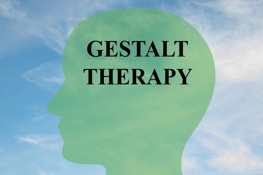 the words gestalt therapy inside illustration of a head