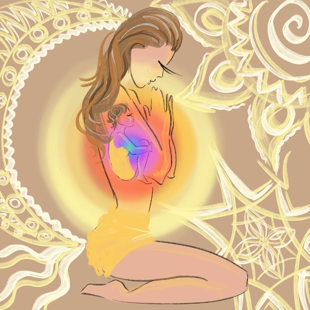 illustration of an adult female sitting in yoga position head bowed cradling what looks to be and inner child part illustrating how it is to be triggered