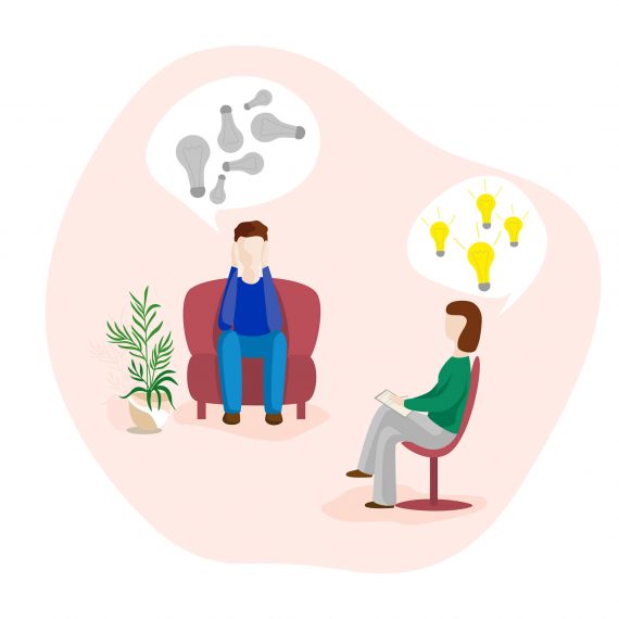 illustration of a female therapist, male client presumably being coached with tips dealing with transference