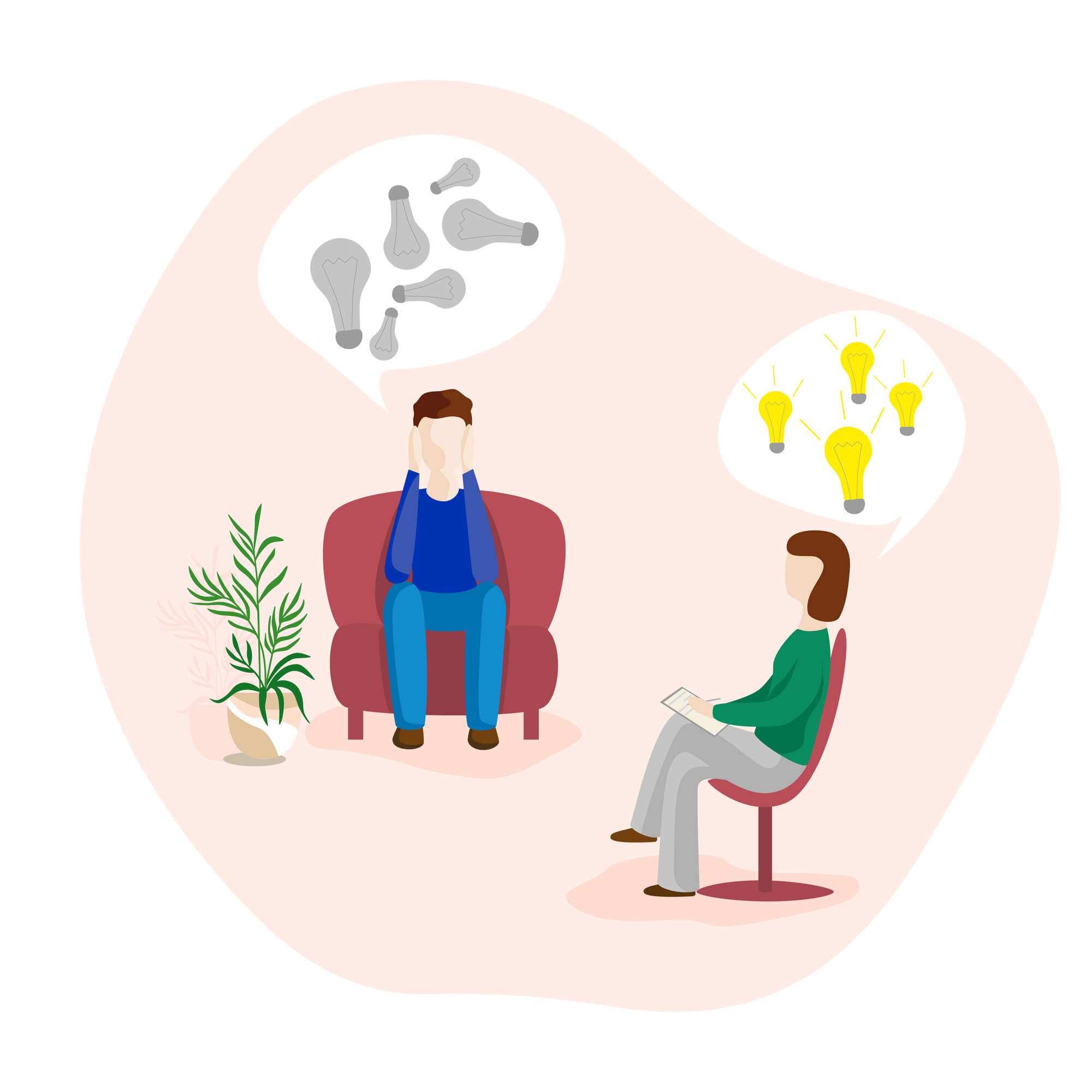 illustration of a female therapist, male client dealing presumably with transference and coaching