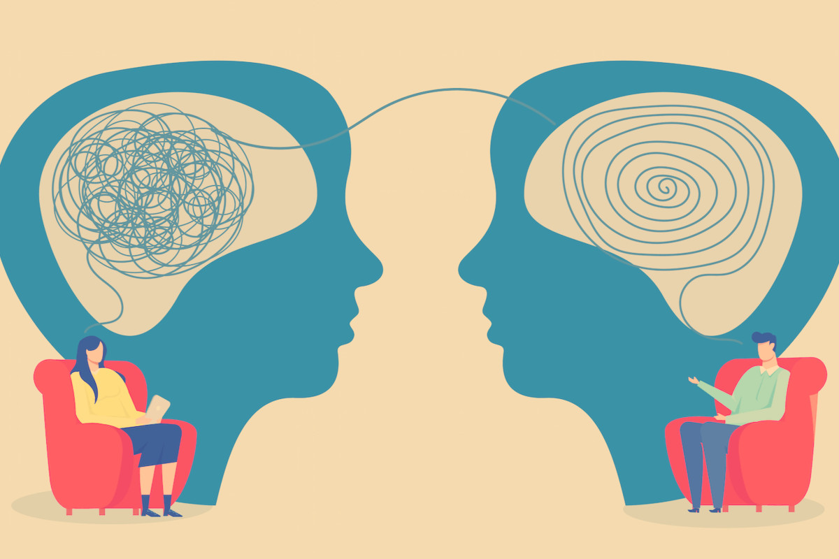illustration of two head shots using a filter to create a soft color of two headshots facing each other tied together with two figures in chairs in front representing client and therapist and presumably dealing with the being afraid your therapist will leave you