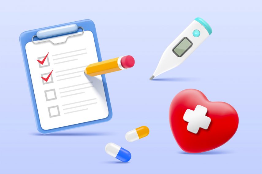 illustration representing medical model with a heart, list, pills and a temperature gauge