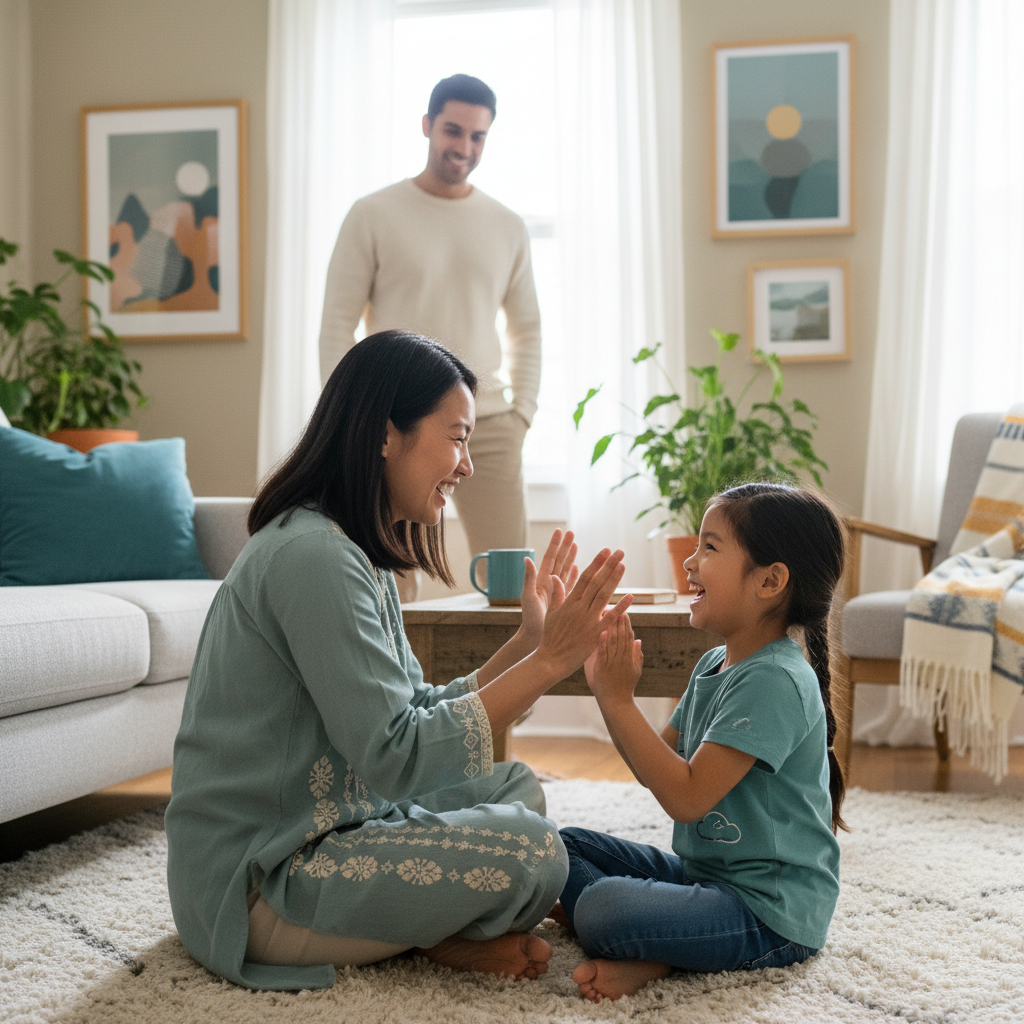Mother laughing with daughter in hand clapping game