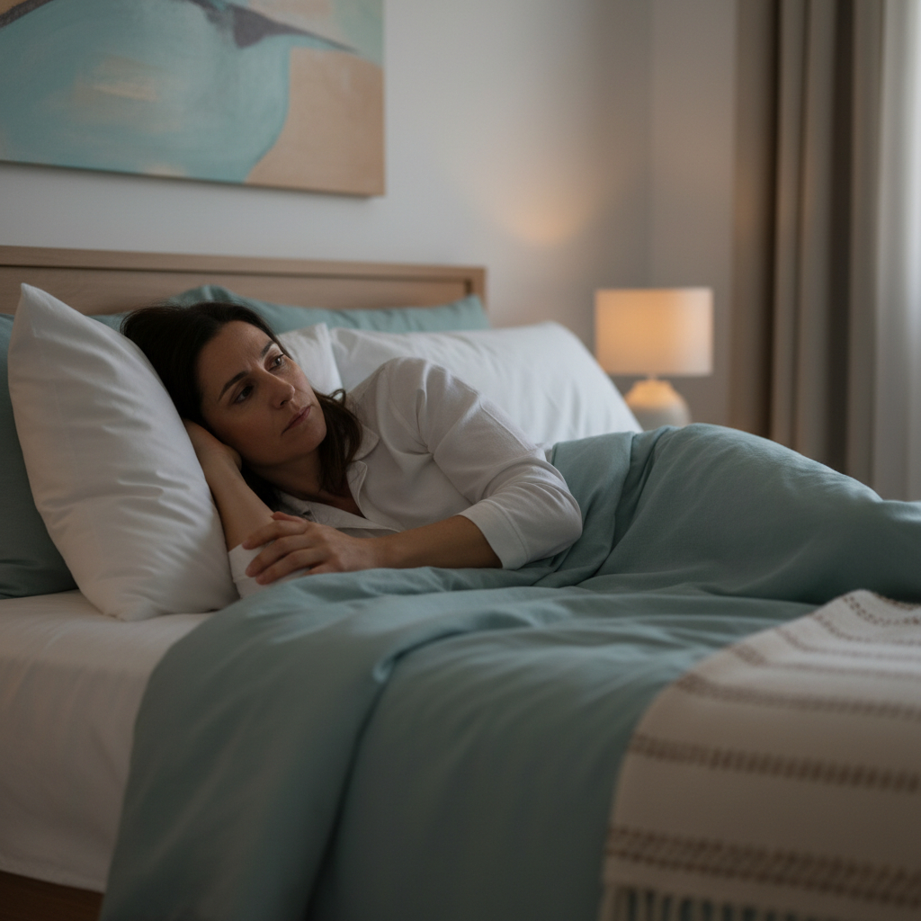 mother lying awake in bed looking thoughtful and worried