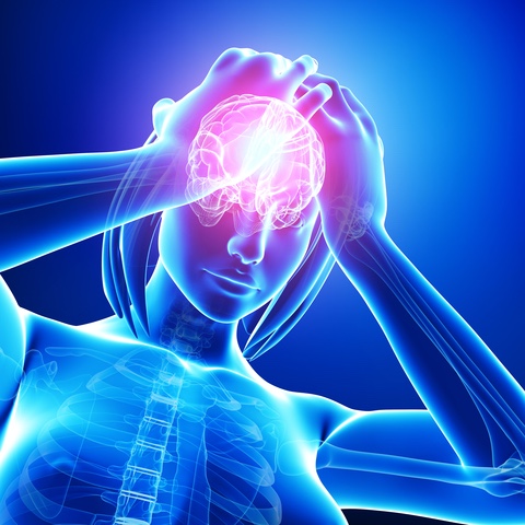 illustration of a transparent female showing a nervous system without regulation as she hold her hands in her head