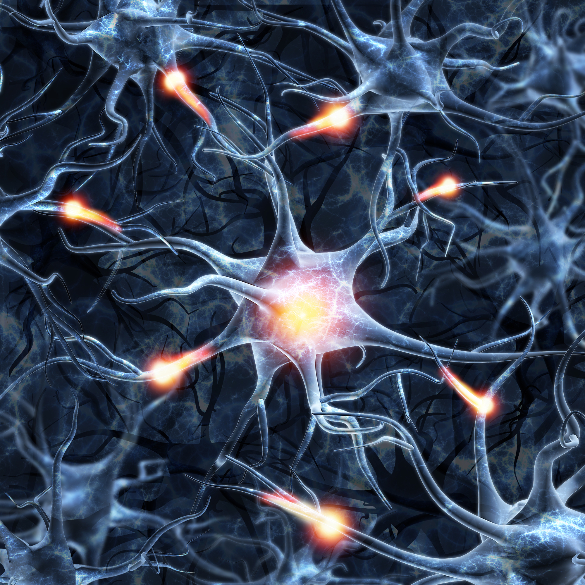 Illustration of a nerve cell on a colored background with light effects. It's actually a real 3D render of Neurons Network.