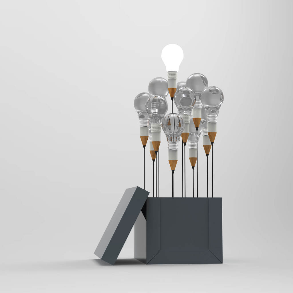 grey open box against grey backdrop with light bulbs sticking out and only one is lite up
