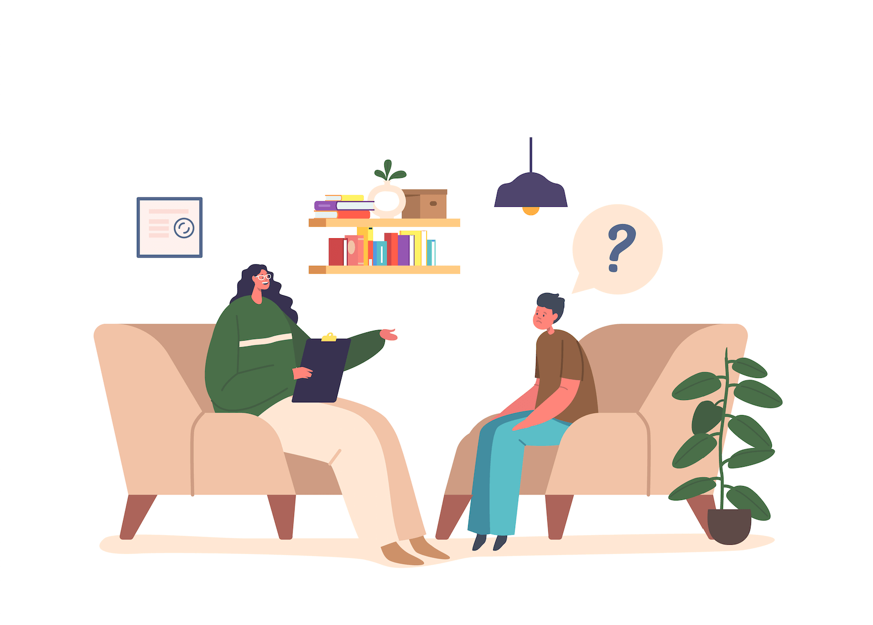 illustration of a therapy scene where the female therapist is flippantly sharing tips for dealing with transference and the client has a question mark above his head