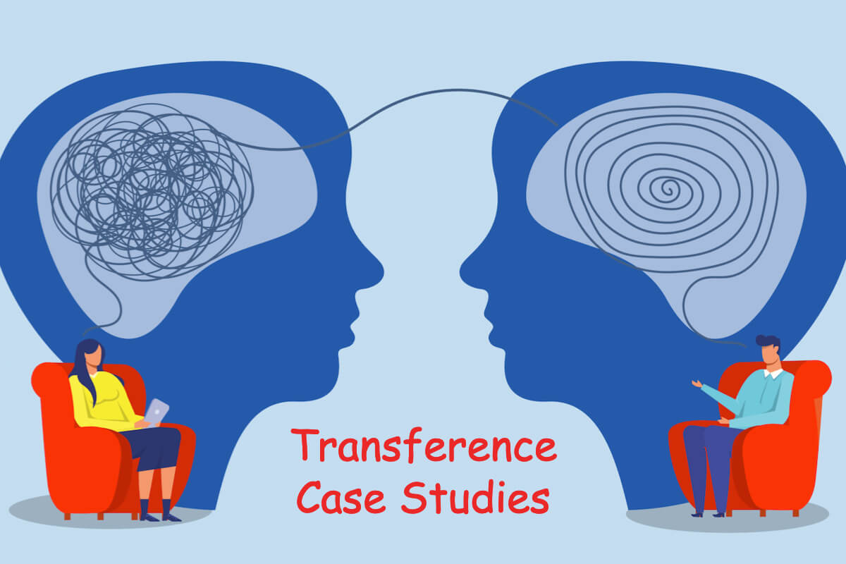 two headshot illustration with a thread connecting both and distinctive brains with the words transference case studies course and two chairs in forefront presumably client and therapist