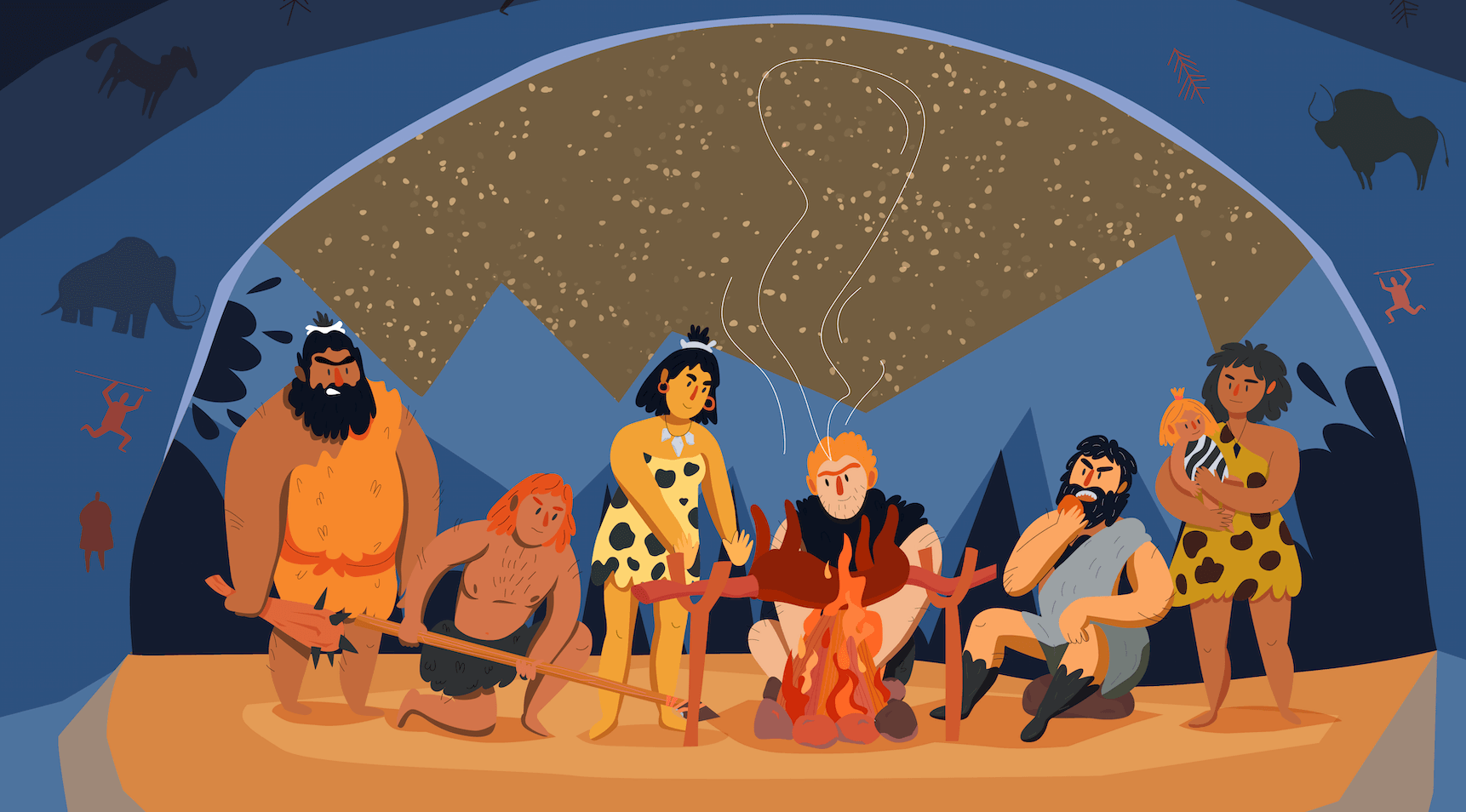 cartoon characters of cave people around a fire including a mother holding a baby all to show how being abandoned is primal and why worrying your therapist will leave is terrifying