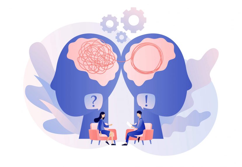 illustration of two minds and a therapy scene representing two individuals help to emotionally self-regulate each other