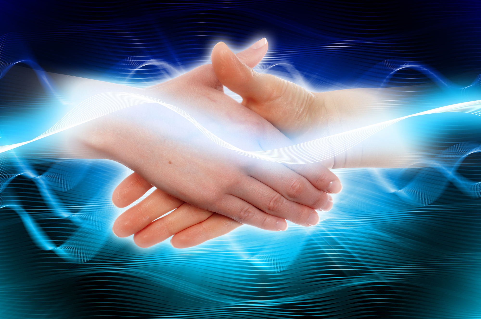 two hands shaking with a blue electrified energy around them depicting the energetic quality of two people meeting