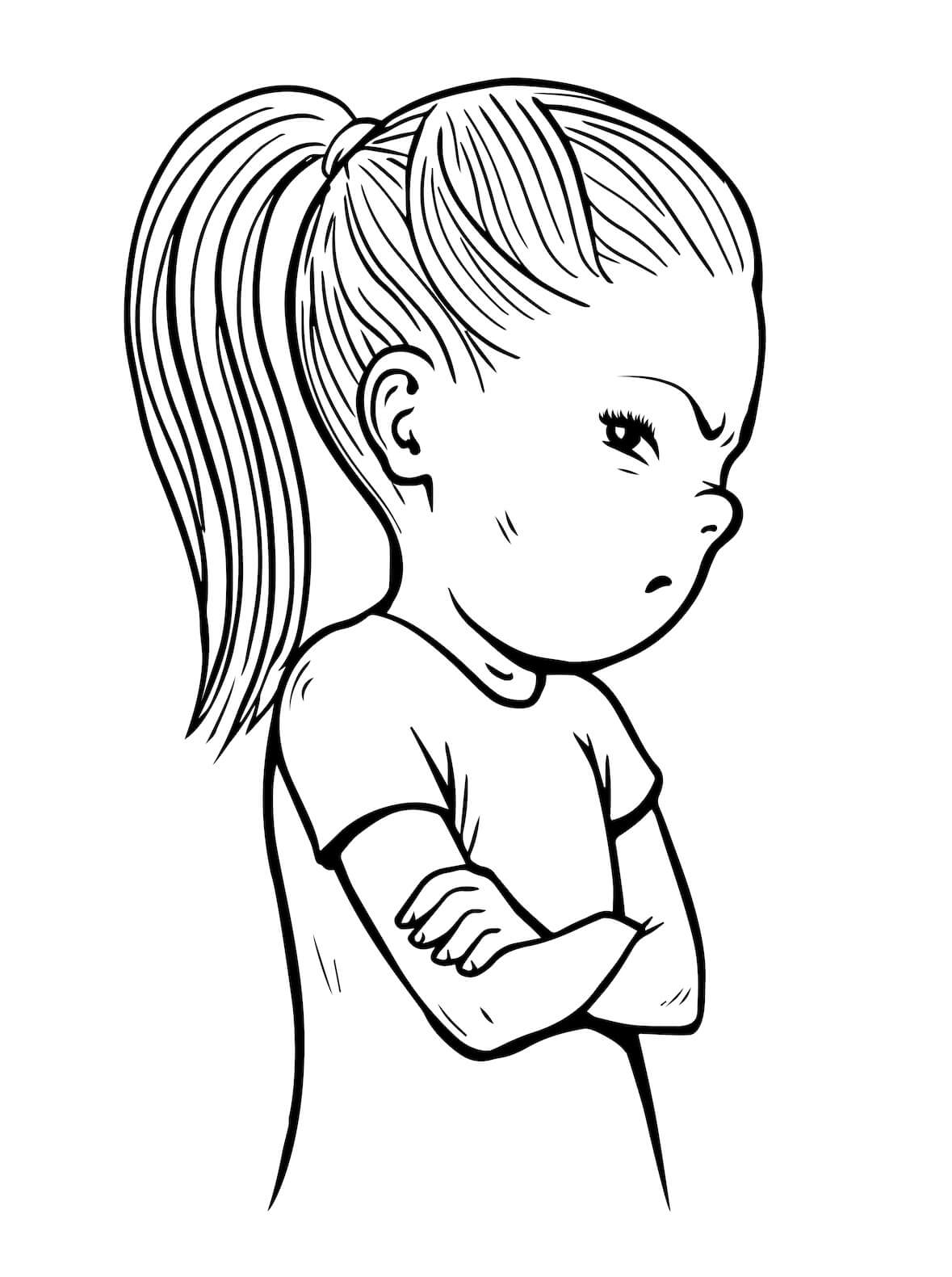 black and white sketch of young girl with folded arms and frown on her face standing slightly sideways